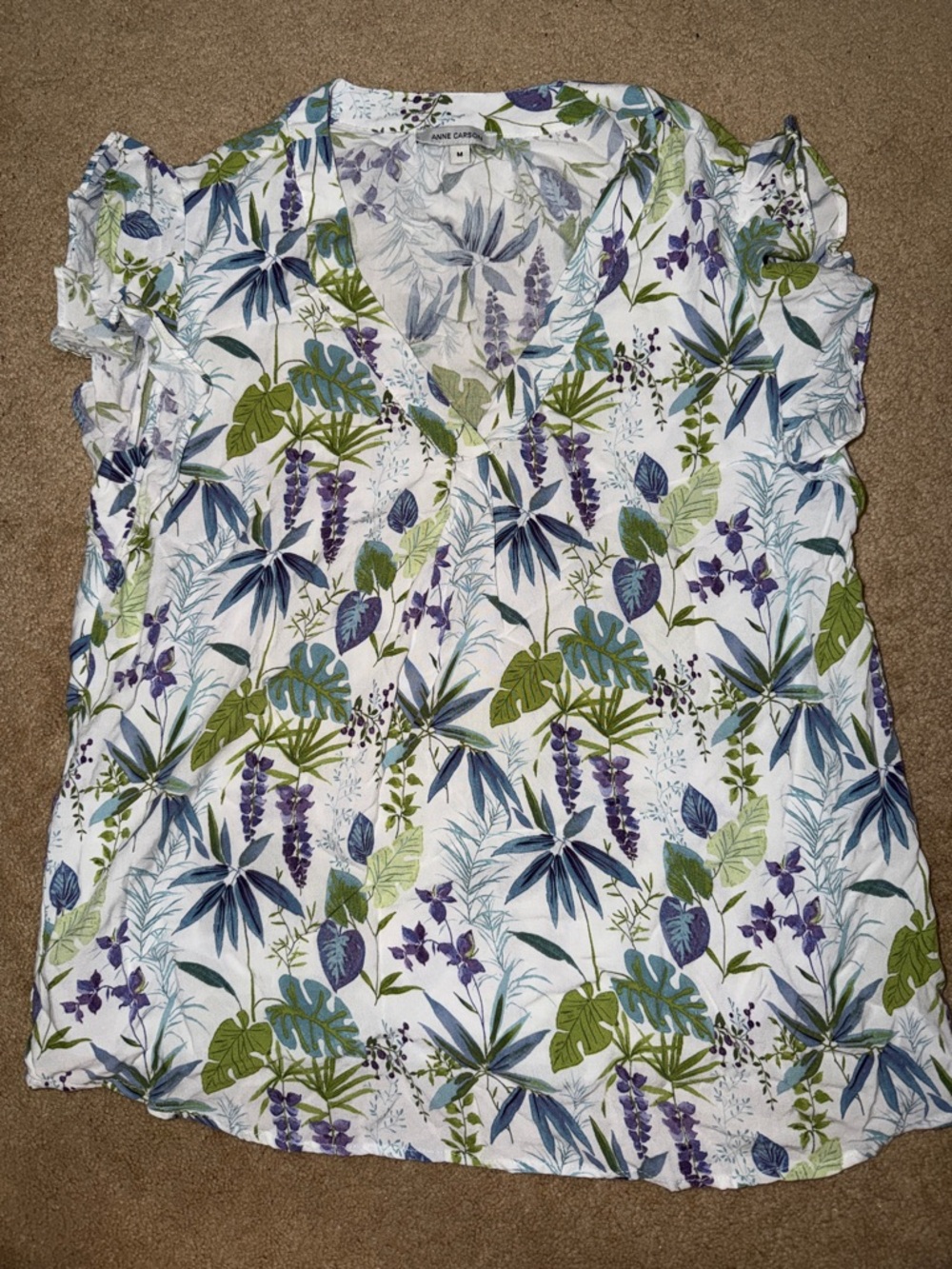 Anne Carson White V-Neck Floral Print Ruffle Sleeve Blouse